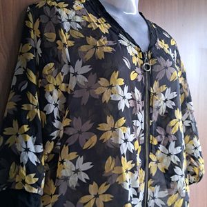 Floral Print Full Zip Fashion Top