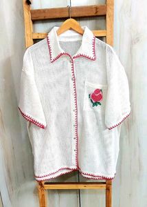 Rose Embroidered Crochet Trim Shirt Size-48
