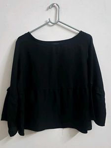 Black Flowy Long Sleeve Top with Flared Slee