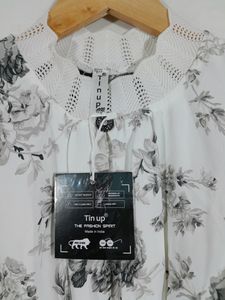 Tin Up White And Grey Floral Printed Turtle Neck Top With Elastane Waist (Women&#39;s)