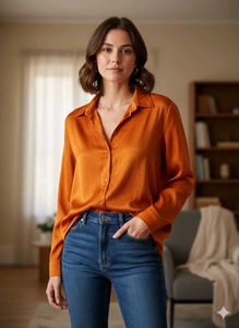 Orange Satin Button-Down Shirt