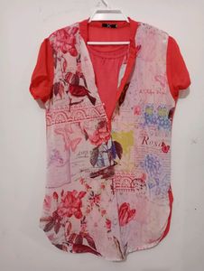 Women Red Long Top With Inner Hosery