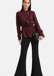 Maroon Tie-Up Neck Embellished RuffleCinched