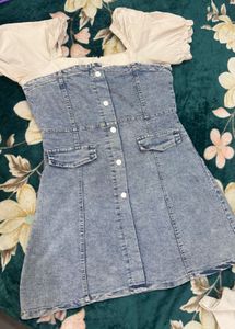 Denim Mini Dress with Puff Sleeves