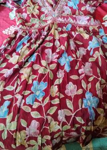 Red Printed Kurti With White Pant