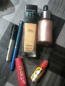 🤩Maybelline Fit Me Foundation, Hilary Rhoda Glitter Eye Liner, Iconic London Pink Illuminator