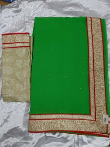 Green Soft Chiffon Saree with Red &amp; Gold Border