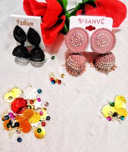 Combo Set Of 2 Pink &amp; Black Metallic Jhumkas