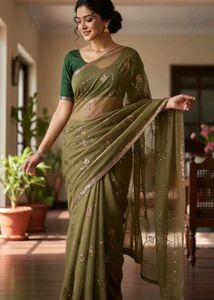 Olive Chumkis Worked Saree