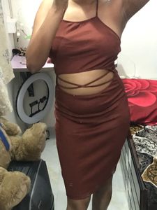 Brown Front Cut Out Halter Neck Dress