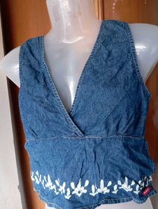Denim Embroidered Crop Top