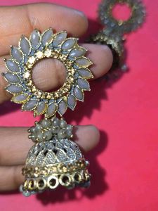 Grey Jhumki With Golden Touch