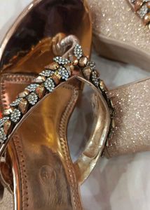 Embellished Rhinestones Metallic Finish Gold Heels