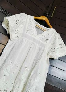 Women White Cotton Cut out Style Tunic Top