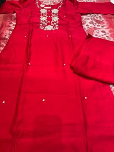 Red Embroidered Kurta Pant Set - Size M