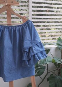 Blue Ruffle Sleeve Off-Shoulder Top