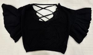 Black Knit Crochet Top with Criss Cross Tie Back