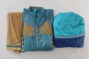 Dark Cyan Embroidered Front Open Kurti, Skirt & Du