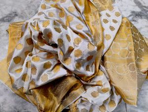 Half White Gold Pure Dola Silk Saree