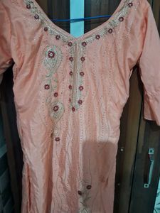 Peach Embroidered Kurti With Plajo Chudri