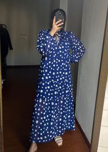 Tie Neck Tiered Blue polka DOT Midi dress