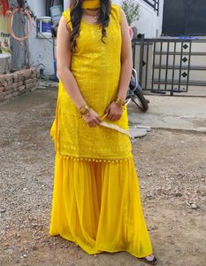 Yellow Color Sharara Dress Full Embroidery Top.