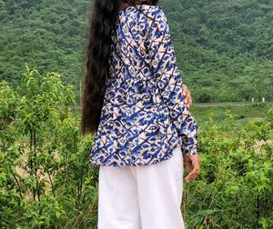 Blue Patterned Long Sleeve Top