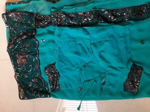 Sky Blue Heavy Net Work Saree With Blouse