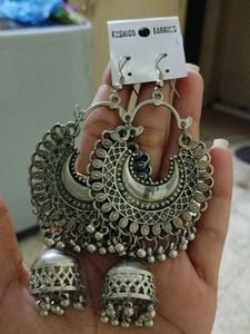 Set Of 3 Oxidised Earrings