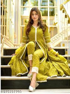Lime Green Cotton Anarkali Front Open Suit Set