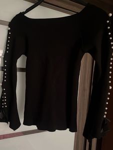 Elegant Black Top with Pearl Detail
