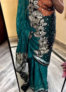 Designer Turquoise Green Saree With Black Net