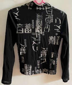 Black Mesh Long Sleeves Printed Tshirt