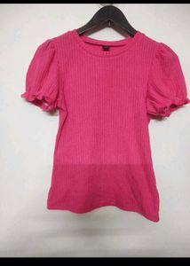 Pink Ribbed Puff Sleeve Top - Shein