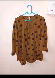 Brown Printed Tie Neck Top