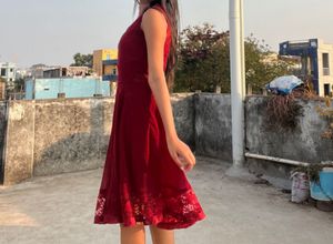 Red Sleeveless Dress with Lace Trim