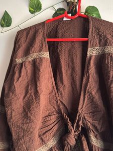 Brown Tie-Front Peplum Cardigan