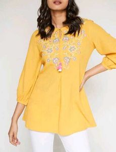 Global Desi Mustard Embroidered Top
