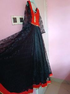 Black And Red Umbrella Kurti With Dupatta