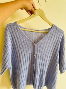 Light Blue Knit Button-Up Top