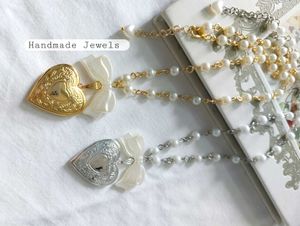 Anime Style Heart Locket Pearl Bow Necklace