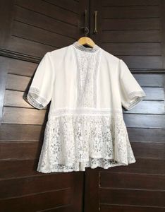 Zara Women White Floral Lace Peplum Style Top