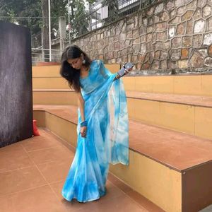 Organza Tie Die Blue Printed Saare