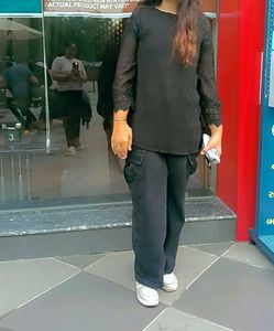 Black Lace Sleeve Blouse & Cargo Pants