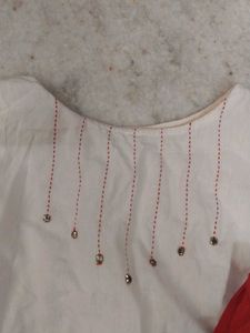 White &amp; Red Cotton Kurta Set