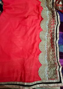 Tomato red and Golden lehenga Saree