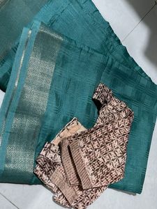Teal Saree with stitched Blouse Piece
