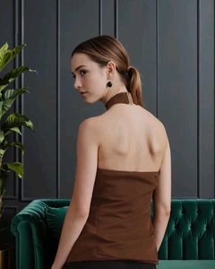 Brown Fitted Halter Neck Textured Top