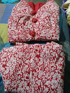 🌺 Women’s Red &amp; White Floral Kurti Set 🌺
