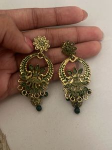 Green & Gold Earrings and orange flower big earrin